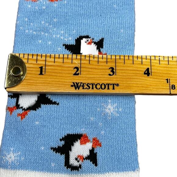 Festive Christmas Penguin Toe Socks in Blue with White Fluffy Fringe Snowflakes - Picture 9 of 10